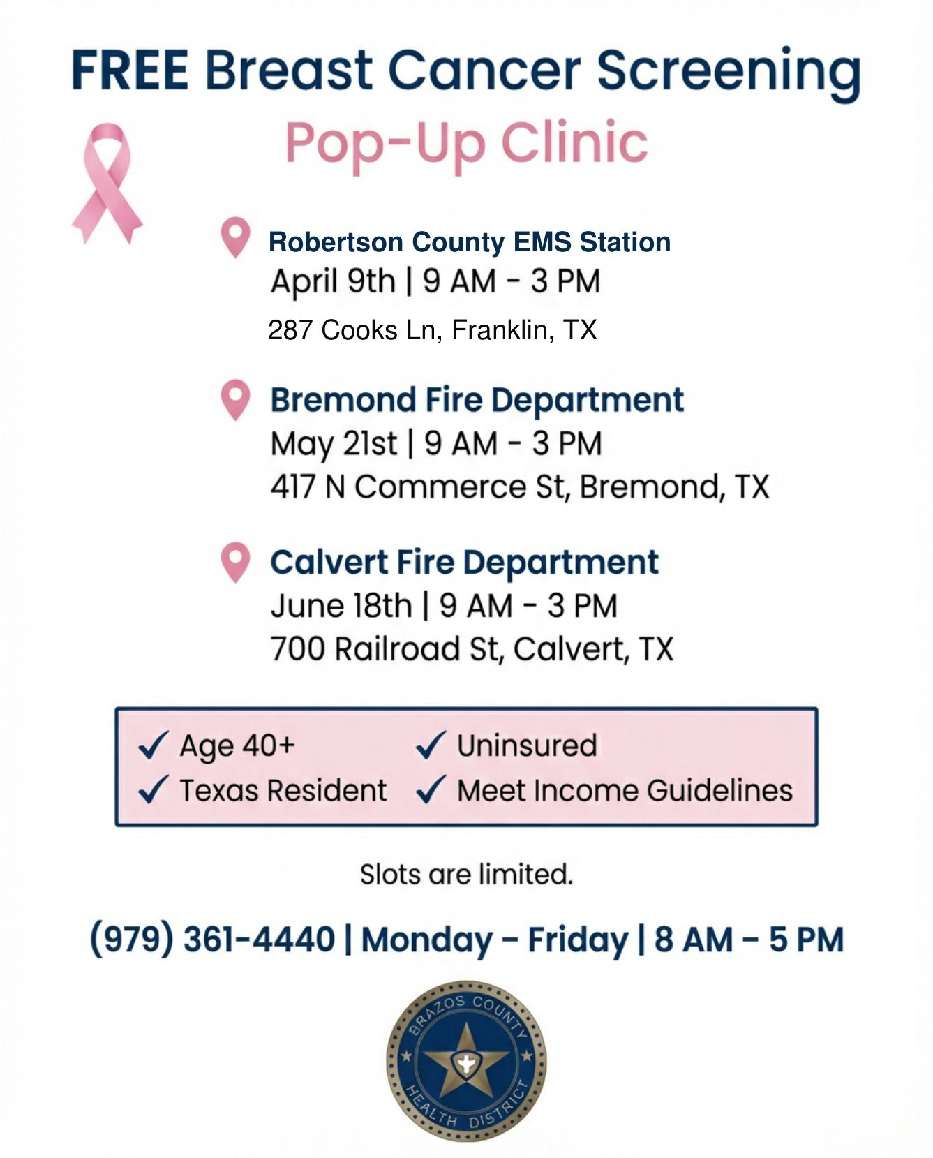 Free breast cancer screening pop-up clinics in Texas. April 9, May 21, and June 18 for those 40+, uninsured, and meet income guidelines.