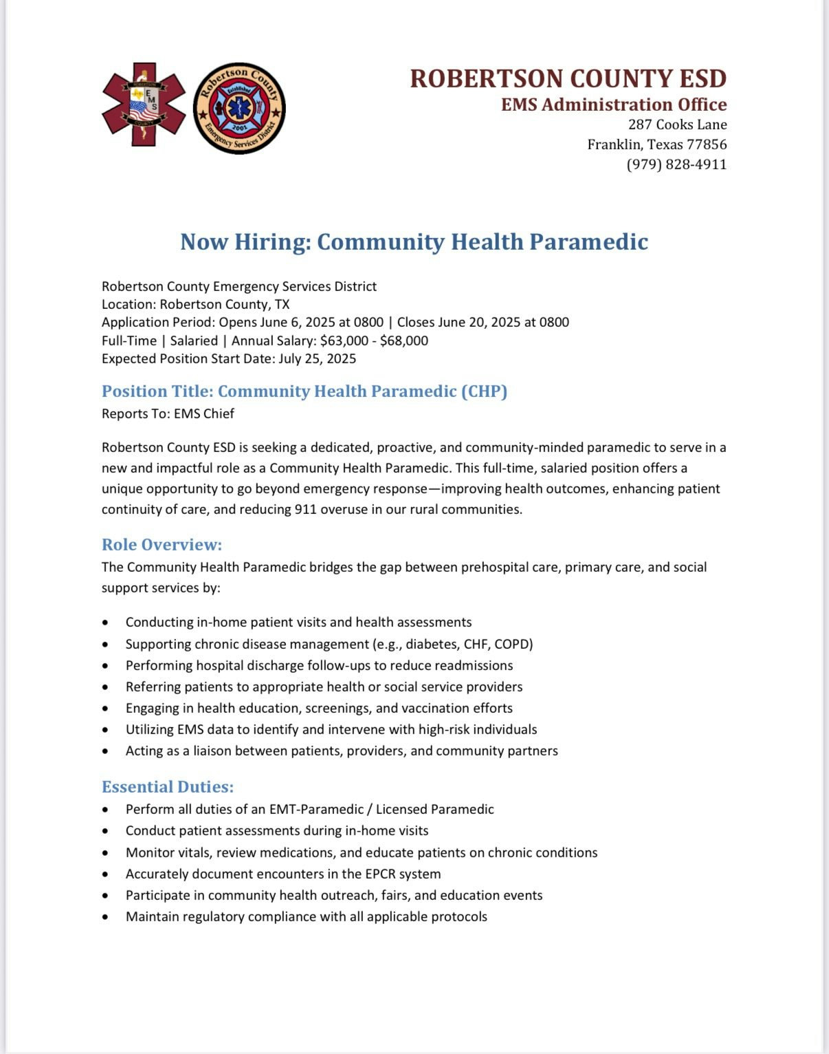 Job posting for a Community Health Paramedic in Robertson County, TX, with details on role, salary, and application dates.