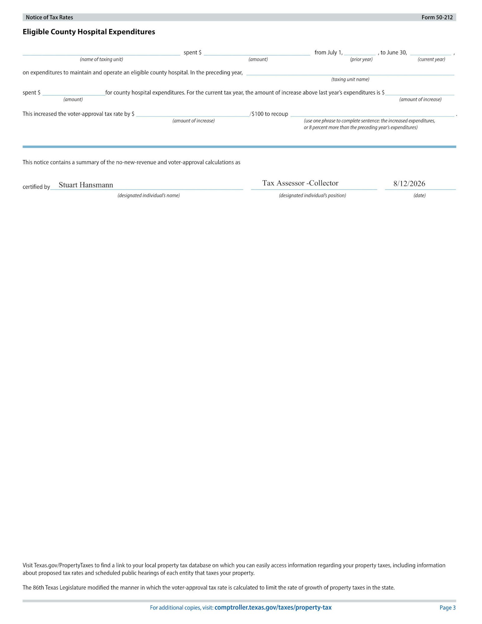 The image is a notice detailing expenditures for a county hospital, tax rates, and voter-approval calculations.