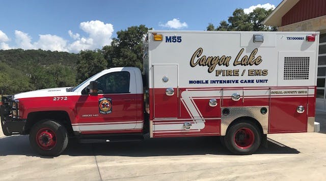 Red and white Canyon Lake Fire/EMS truck, labeled "Mobile Intensive Care Unit."