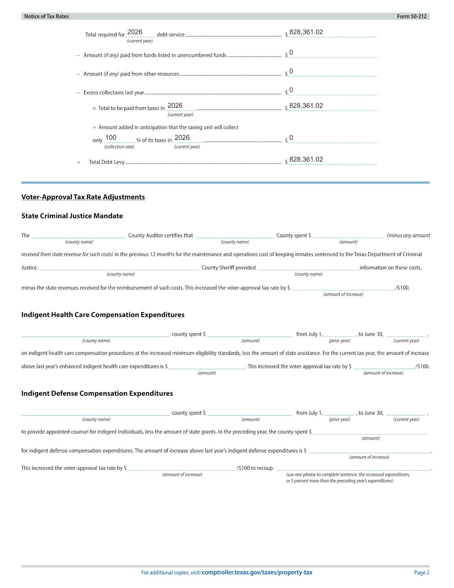 The document outlines tax rates for 2026, detailing debt service, county expenditures, and adjustments for voter-approval tax rates.