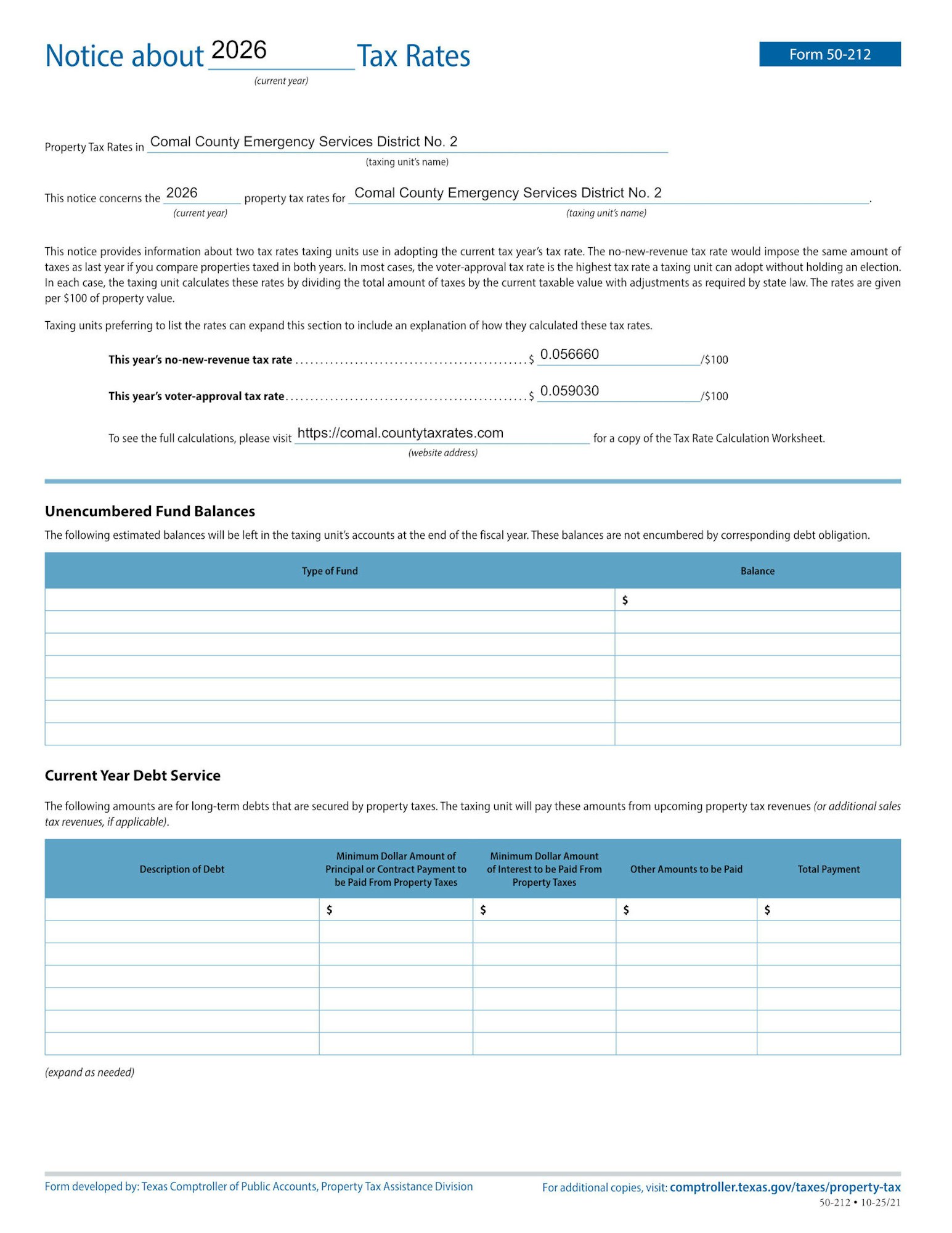 This is a tax notice for 2026 from Comal County Emergency Services District No. 2, detailing tax rates and fund balances.