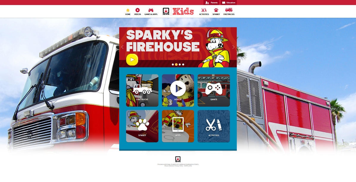 A screenshot of "Sparky's Firehouse" website with sections for videos, games, activities featuring a fire safety dog mascot.