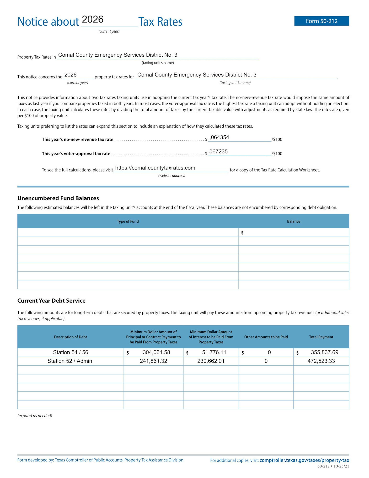 The image is a tax notice for Comal County Emergency Services District No. 3, detailing 2026 property tax rates and debt service information.