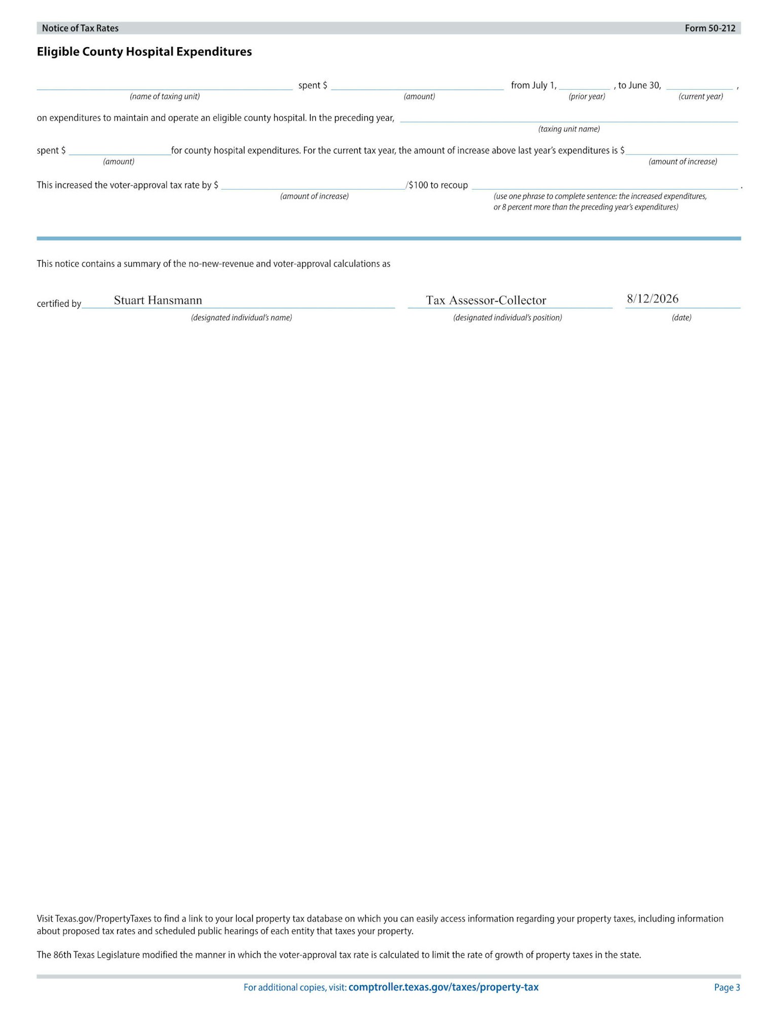 The image is a notice of tax rates related to county hospital expenditures, including spending details and voter-approval calculations.