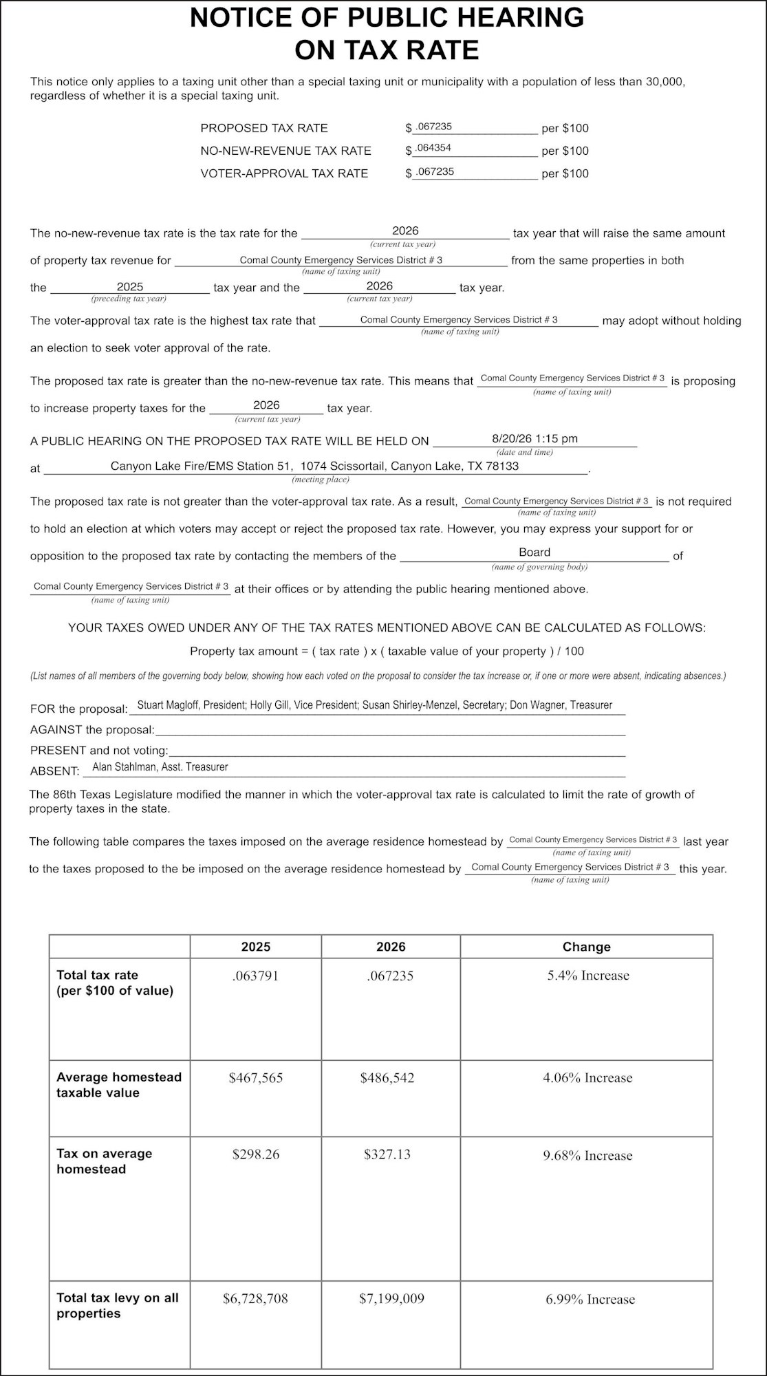 Public hearing notice for Comal County Emergency Services District 3 tax rates for 2025-2026, with proposed increases outlined.