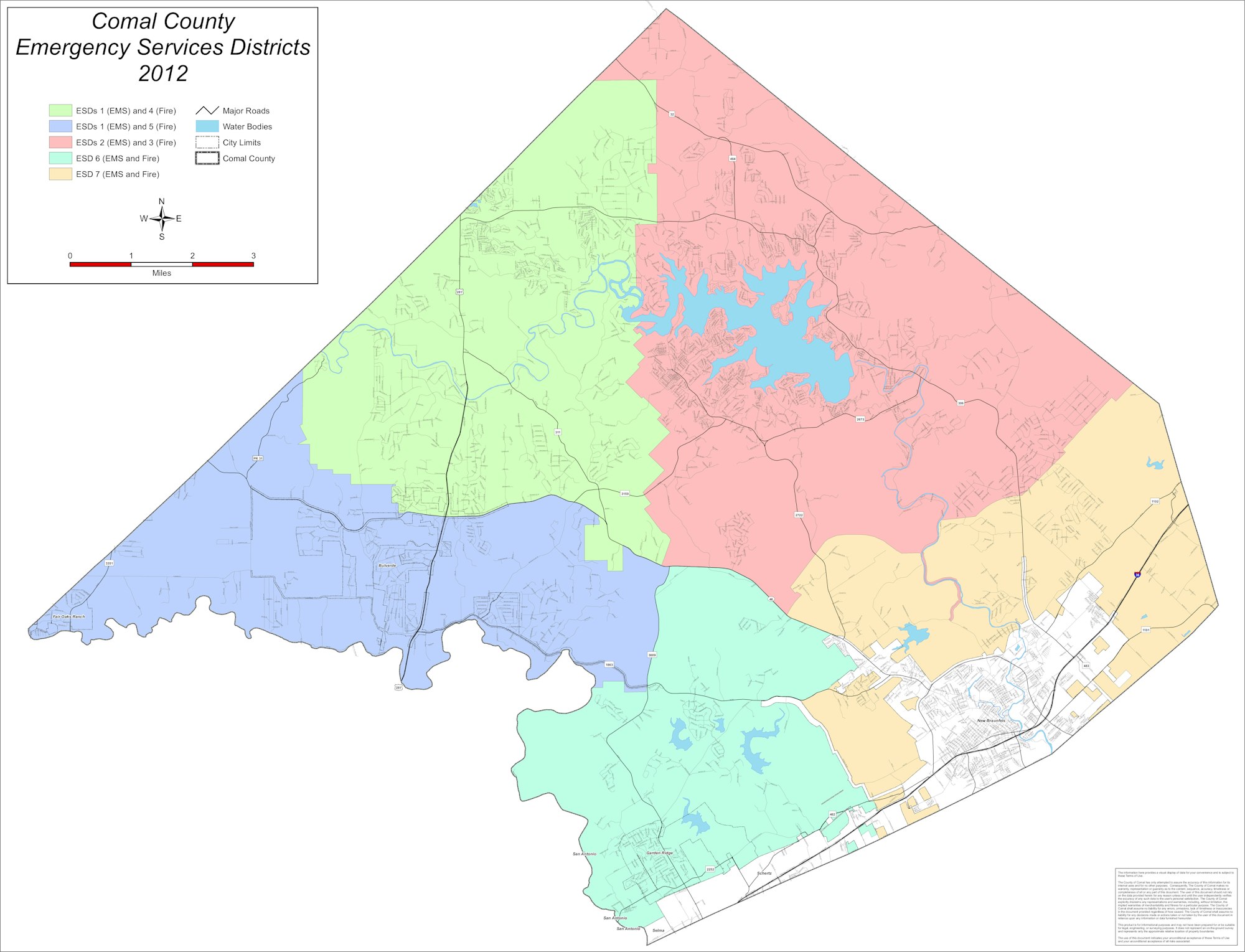 A color-coded map of Comal County Emergency Services Districts from 2012, showing regions, roads, and water bodies.