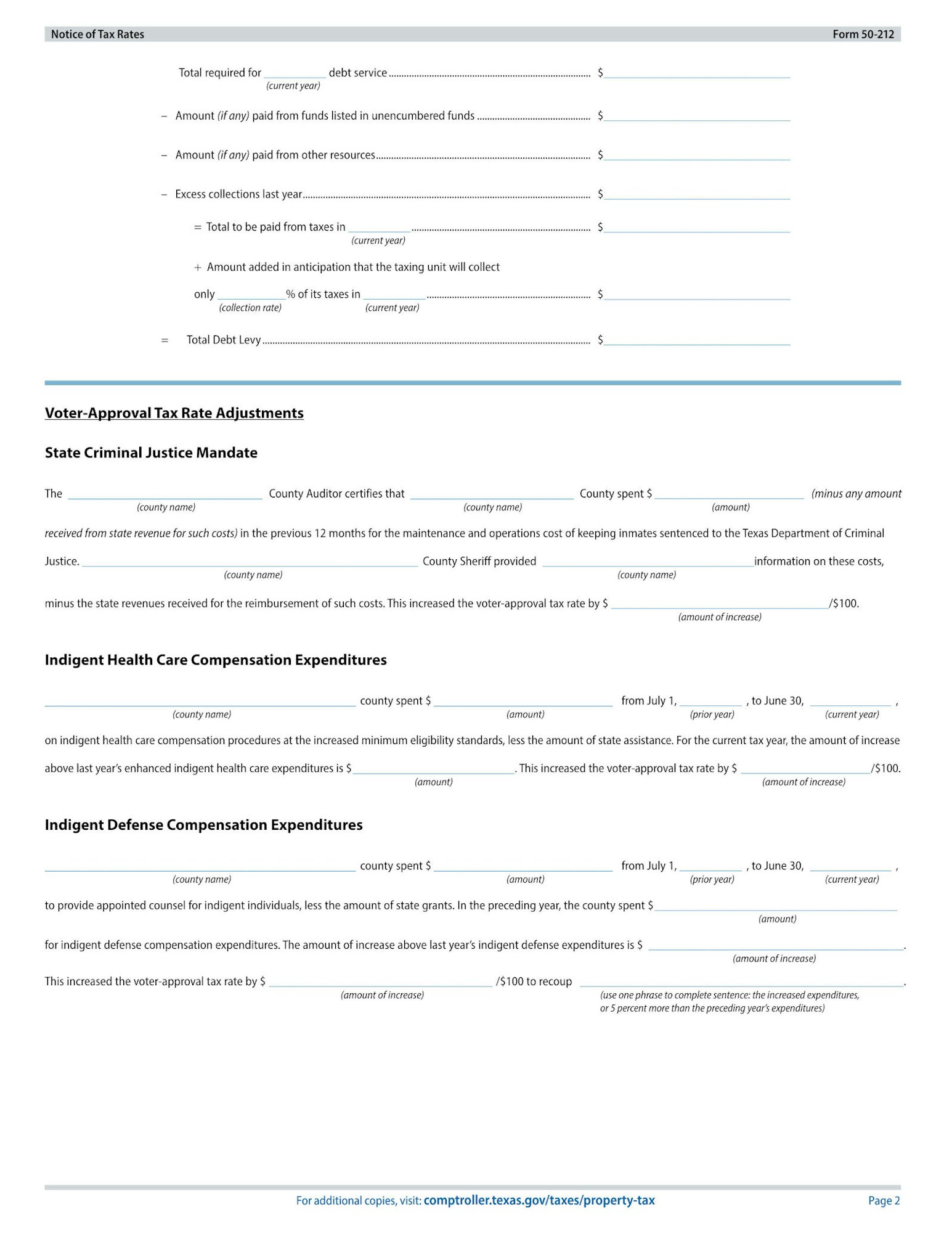The image contains a tax notice form detailing required debt service, budget adjustments, and expenditures for criminal justice, health care, and defense.