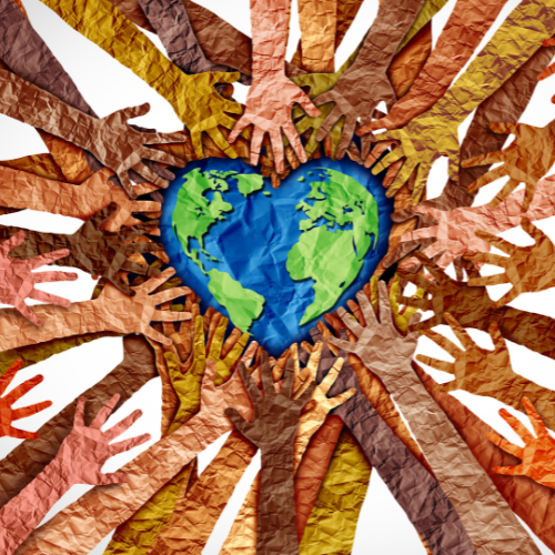 Multiple hands in various skin tones surround a heart-shaped Earth, symbolizing unity and global love.