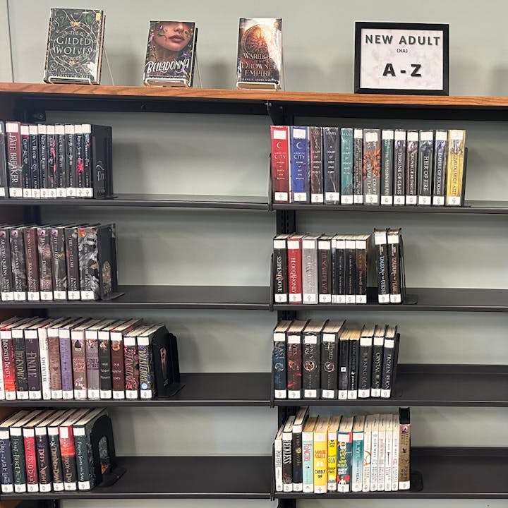 Books on a library shelf labeled "New Adult A-Z," with some titles displayed on top.