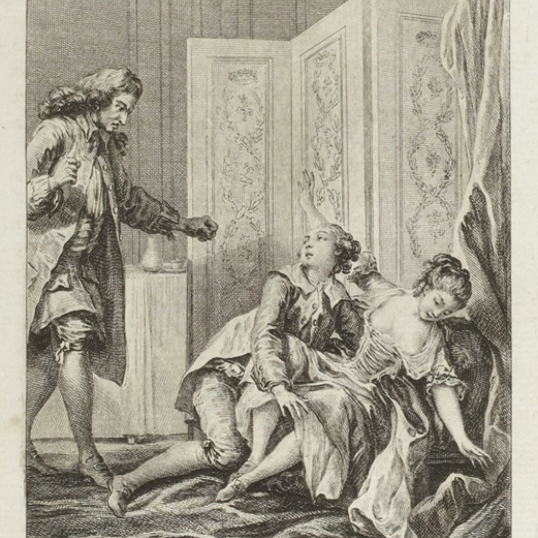 A man and woman in 18th-century clothing appear in distress, with another man standing nearby in a tense scene.