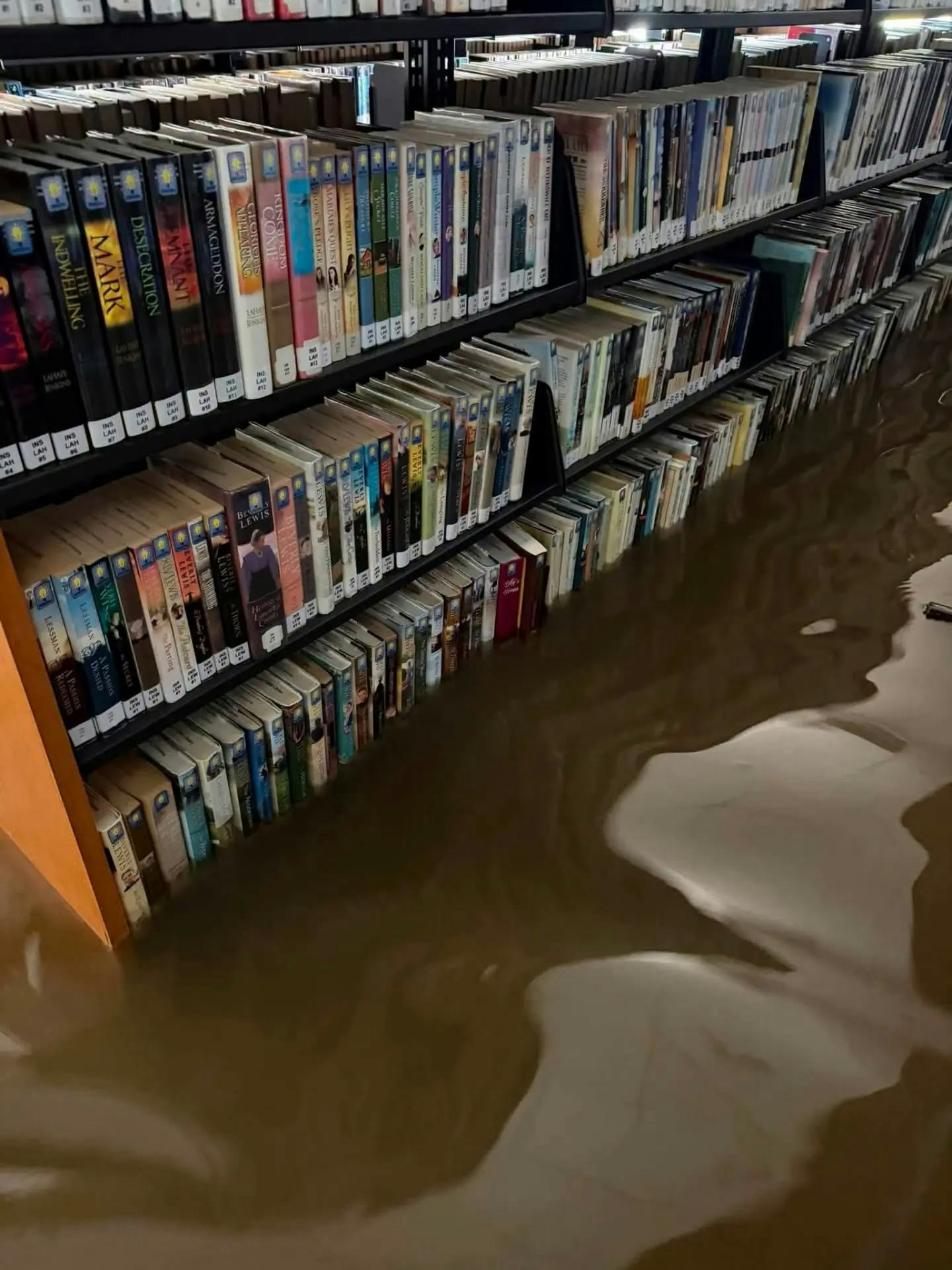 A library shelf filled with books partially submerged in murky water, indicating possible flooding or water damage.