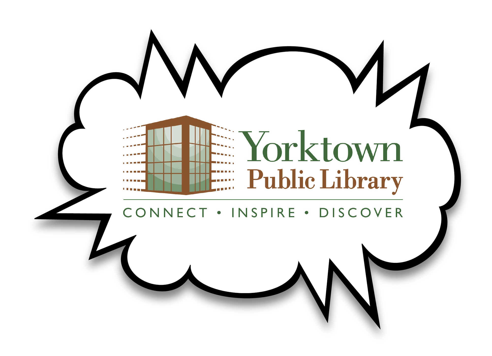 Yorktown Public Library logo with a building and text: "CONNECT • INSPIRE • DISCOVER" in a speech bubble design.