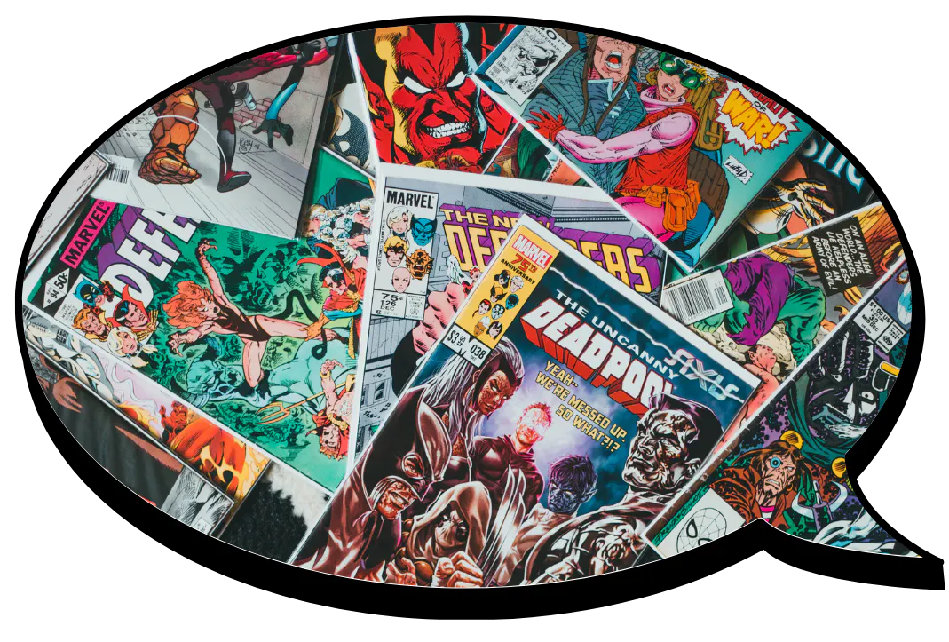 A collage of Marvel comic book covers, including titles like "The Defenders" and "Deadpool," inside a speech bubble shape.