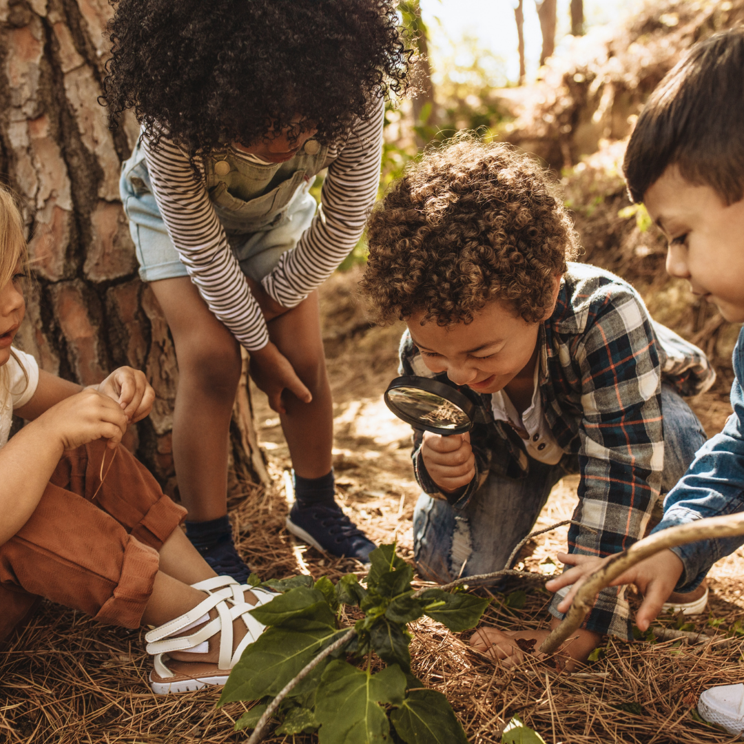 Children exploring nature with a magnifying glass.