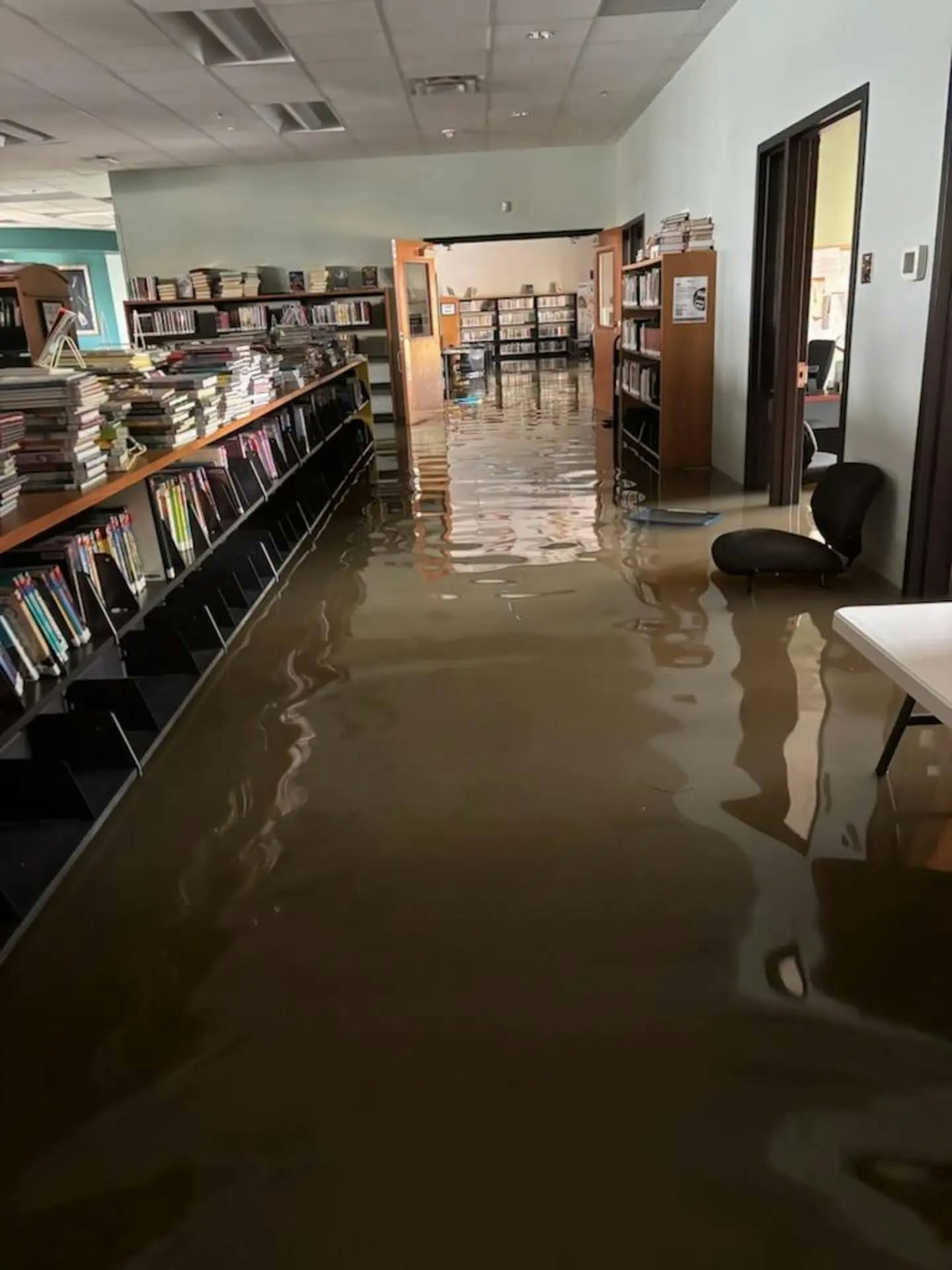 A library interior flooded with dirty water, bookshelves lined with books partially submerged, and a chair tipped over.