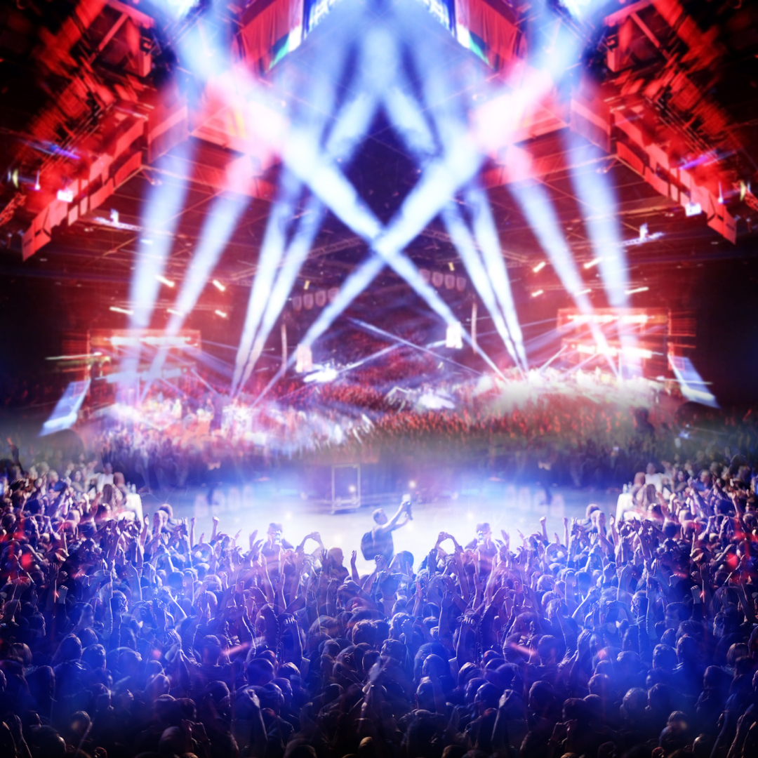 Concert scene with a large crowd, stage lights, and a vibrant atmosphere.