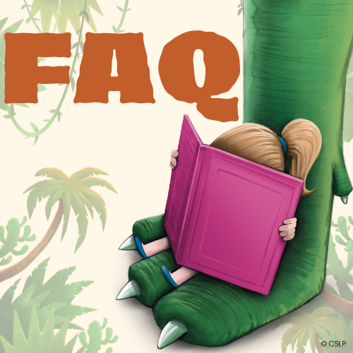 A child sits hunched behind a large dinosaur foot, engrossed in a pink book, with tropical plants around them and "FAQ" above.