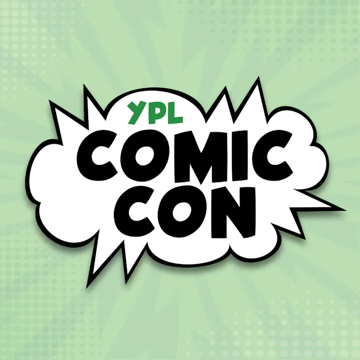 Comic Con logo with "YPL" in green on a comic-style speech bubble, green halftone background.