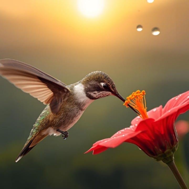 A hummingbird hovers near a vibrant red flower, sipping nectar against a blurred sunset backdrop.
