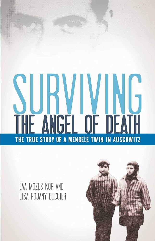 Book cover: "Surviving the Angel of Death" by Eva Mozes Kor and Lisa Rojany Buccieri, about a Mengele twin in Auschwitz.
