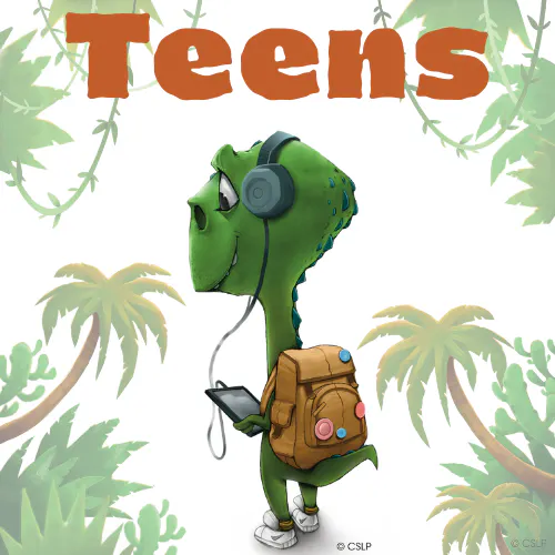 A cartoon dinosaur wearing headphones and a backpack, holding a device, surrounded by tropical plants, with "Teens" above.