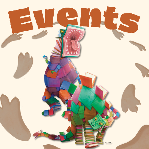 The image features colorful, book-shaped creatures resembling dinosaurs, with the word "Events" prominently displayed at the top.