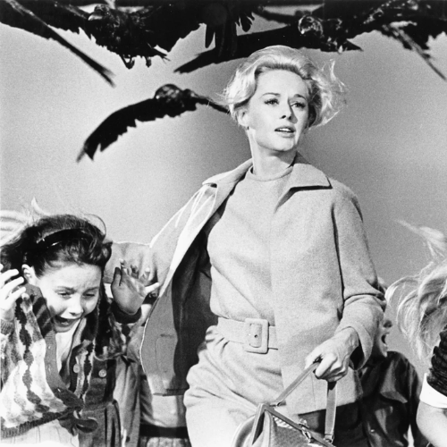 A woman in a light outfit is fleeing with a girl as a flock of birds ominously swarms above them in a dramatic scene.