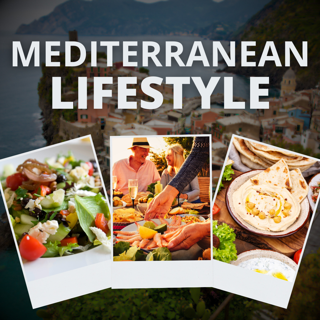 "Images of Mediterranean food, dining, and a coastal village, with the text 'Mediterranean Lifestyle.'"