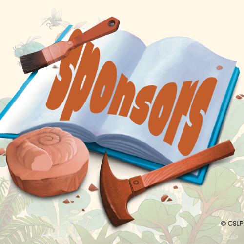 An illustration featuring an open book with the word "sponsors," accompanied by a paintbrush, hammer, and a carved stone piece, set against a leafy background.