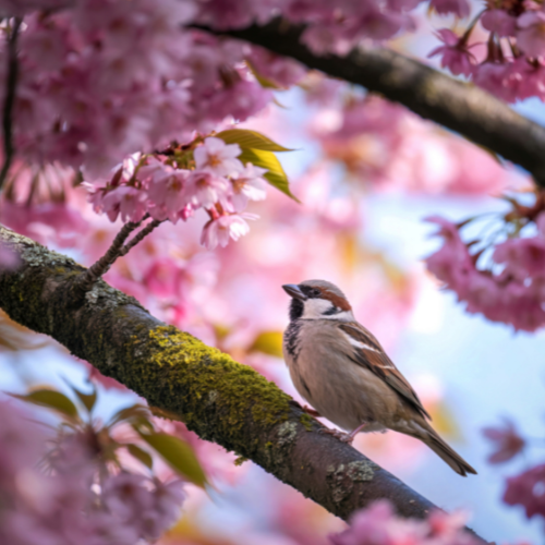 A small bird perched on a mossy branch amidst pink cherry blossoms. Bright and spring-like scene.