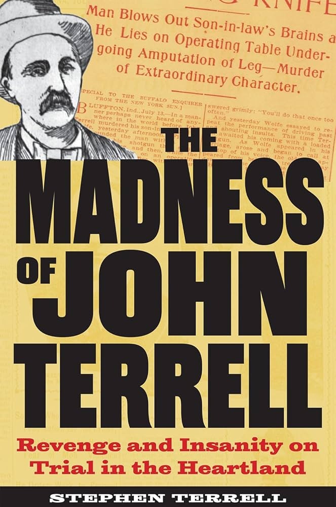 A book cover titled "The Madness of John Terrell," by Stephen Terrell, exploring themes of revenge and insanity in a historical trial.