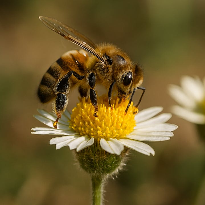 A bee collecting nectar from a yellow flower, showcasing its detailed features against a blurred natural background.