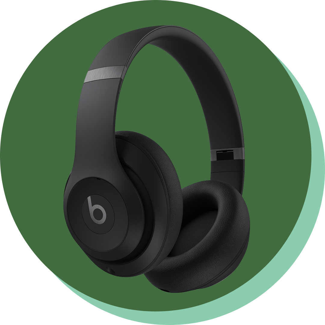 Black over-ear headphones with a logo on ear cups.