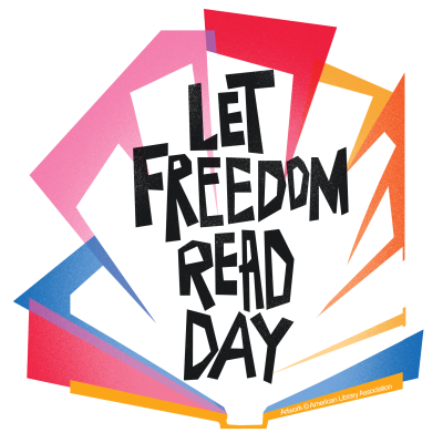 Text: "LET FREEDOM READ DAY" with colorful geometric shapes in the background.