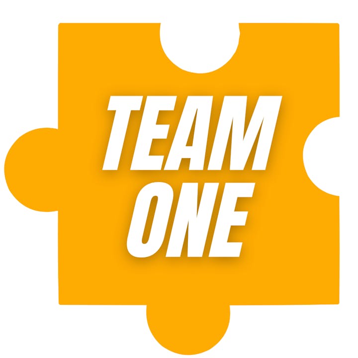 Yellow puzzle piece with "TEAM ONE" in bold white text.