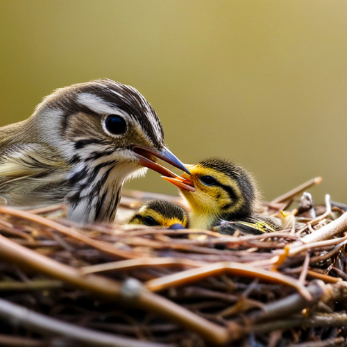A bird feeding its chicks in a cozy nest, showcasing the bond and care between them in a natural setting.