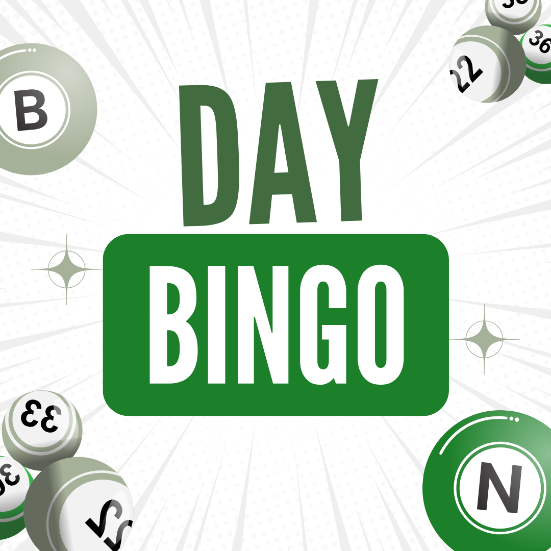 "DAY BINGO" text with bingo balls marked with numbers and letters scattered around.
