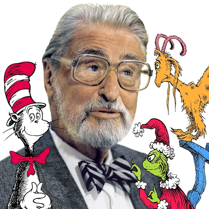 The image features a famous author surrounded by iconic animated characters from children’s literature.