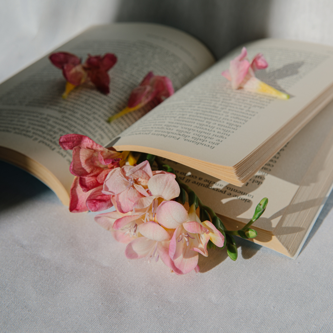 Open book with pink flowers laid between the pages and scattered on top.