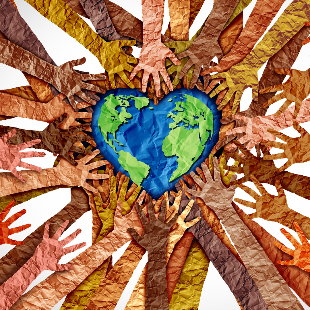 A vibrant collage of diverse hands surrounding a heart-shaped Earth, symbolizing unity and love for our planet.