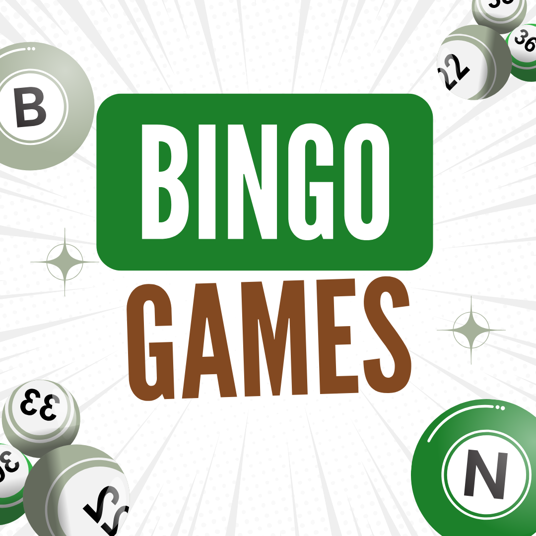 "Bingo Games" text with bingo balls, featuring numbers and letters, on a burst-pattern background.