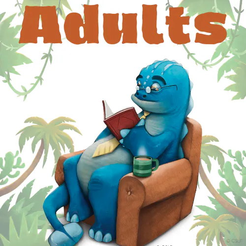 A blue, cartoon dinosaur wearing glasses reads a book while sitting in an armchair, surrounded by tropical plants. The word "Adults" is on top.