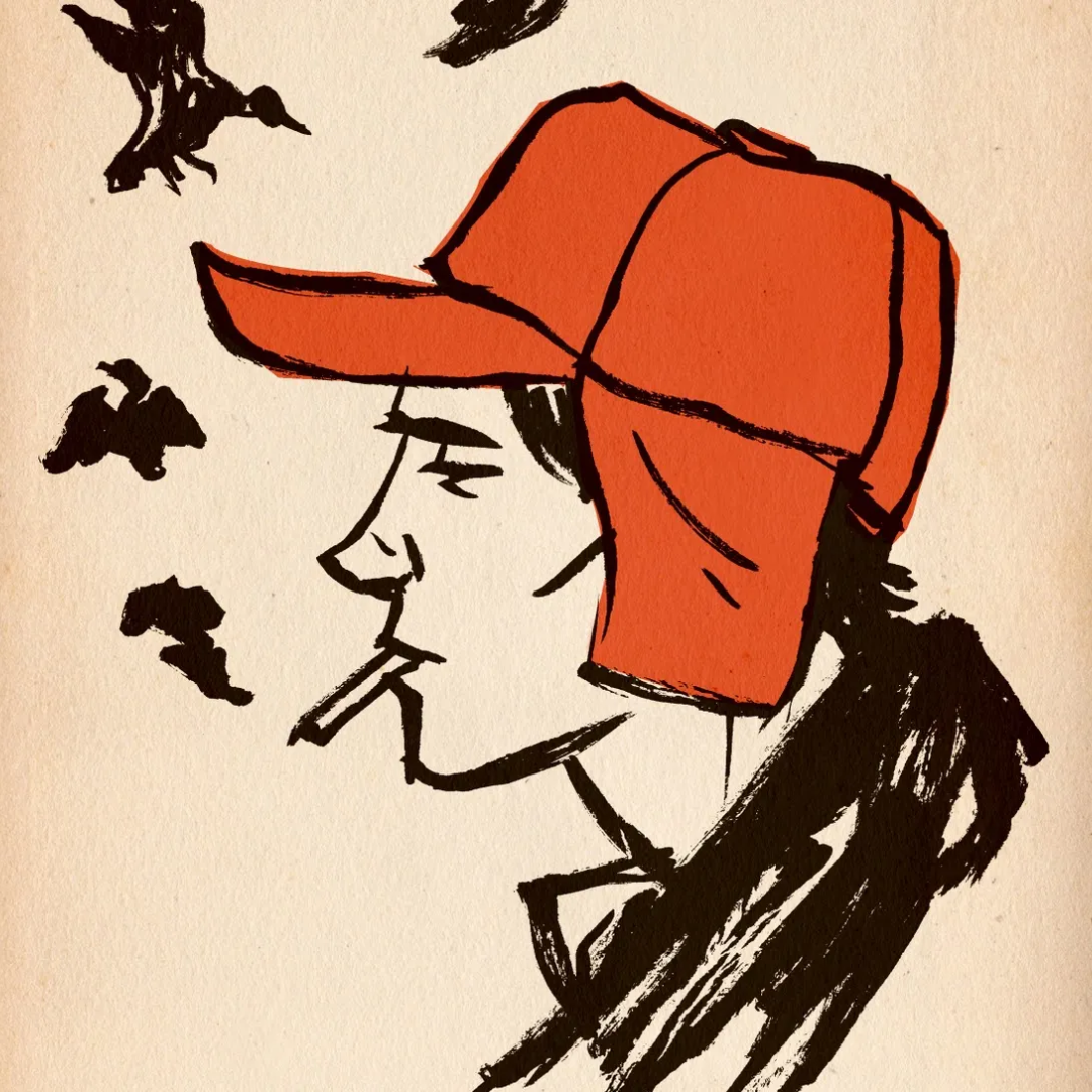 Sketch of a person in a red cap smoking, surrounded by abstract shapes resembling birds.