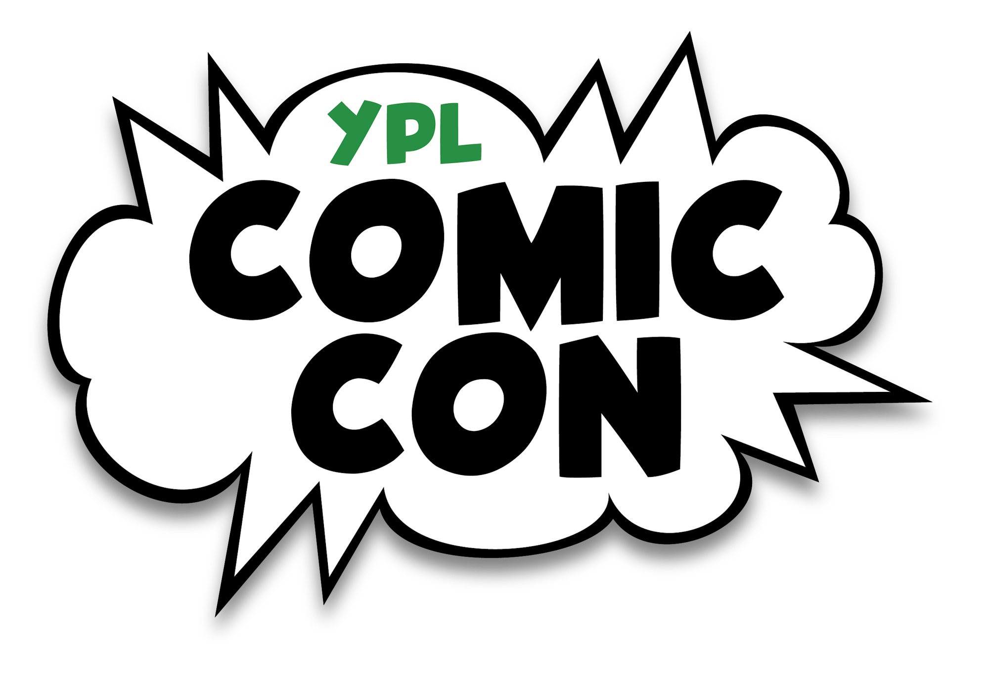 Text in bold font: "YPL COMIC CON" with a comic-style starburst design.