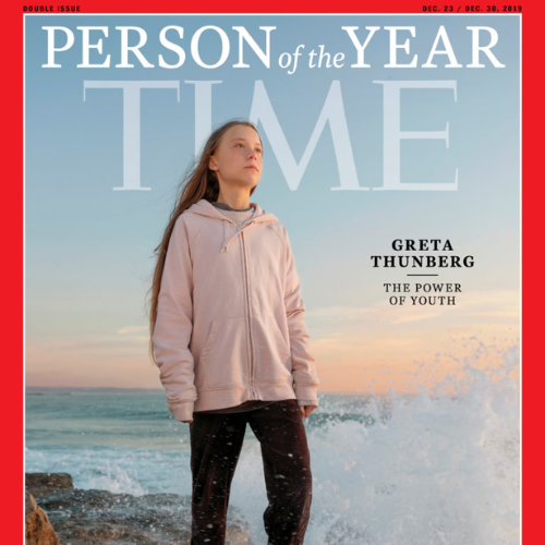 The image is a TIME magazine cover featuring Greta Thunberg, labeled as "Person of the Year" for her advocacy on climate change.