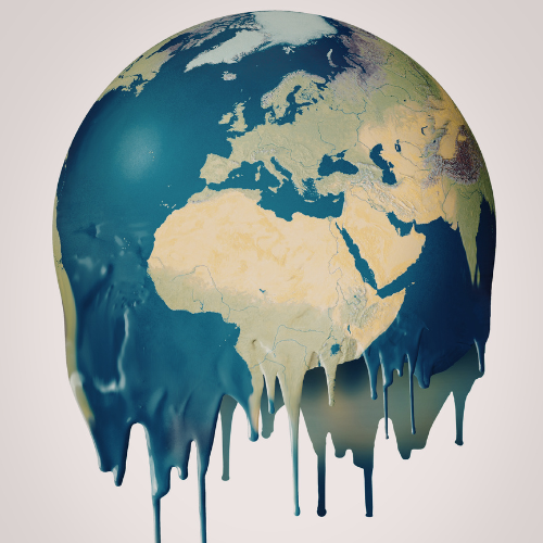An artistic representation of Earth melting, symbolizing climate change and environmental issues.