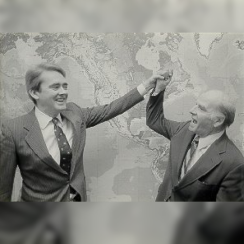 Two men in suits, smiling and raising hands together in front of a world map. The mood is celebratory and friendly.