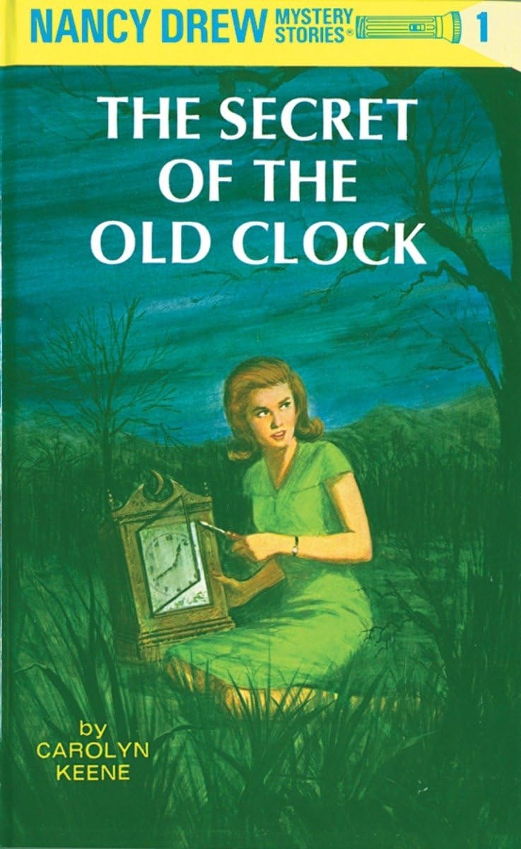 Nancy Drew book cover: "The Secret of the Old Clock" by Carolyn Keene. A girl with a clock in a mysterious, dark setting.