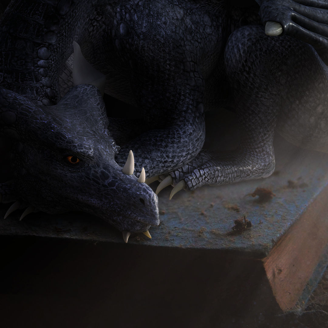 A close-up of a crouching black dragon with textured scales and prominent claws.